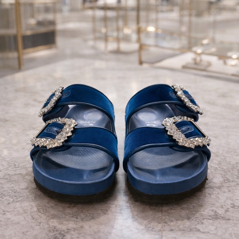 Manolo Blahnik Birkenstock Sandal in
Blue Velvet 37